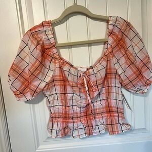 ABOUND Coral Plaid Puff Sleeve Crop Top Cottagecore Ruched Front Blouse Size S‎